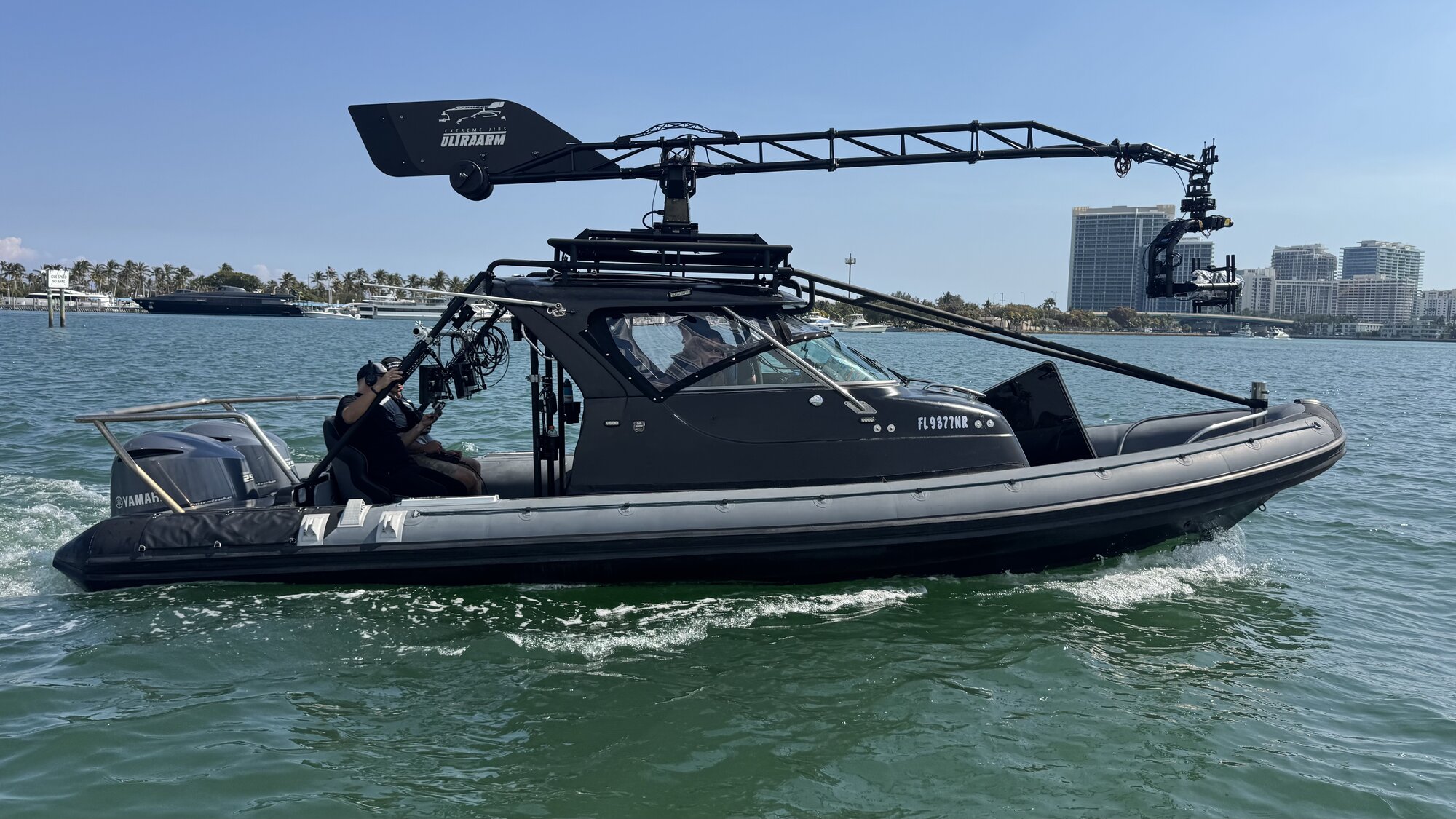 Boat staged for rigging with crane and gimbal builds