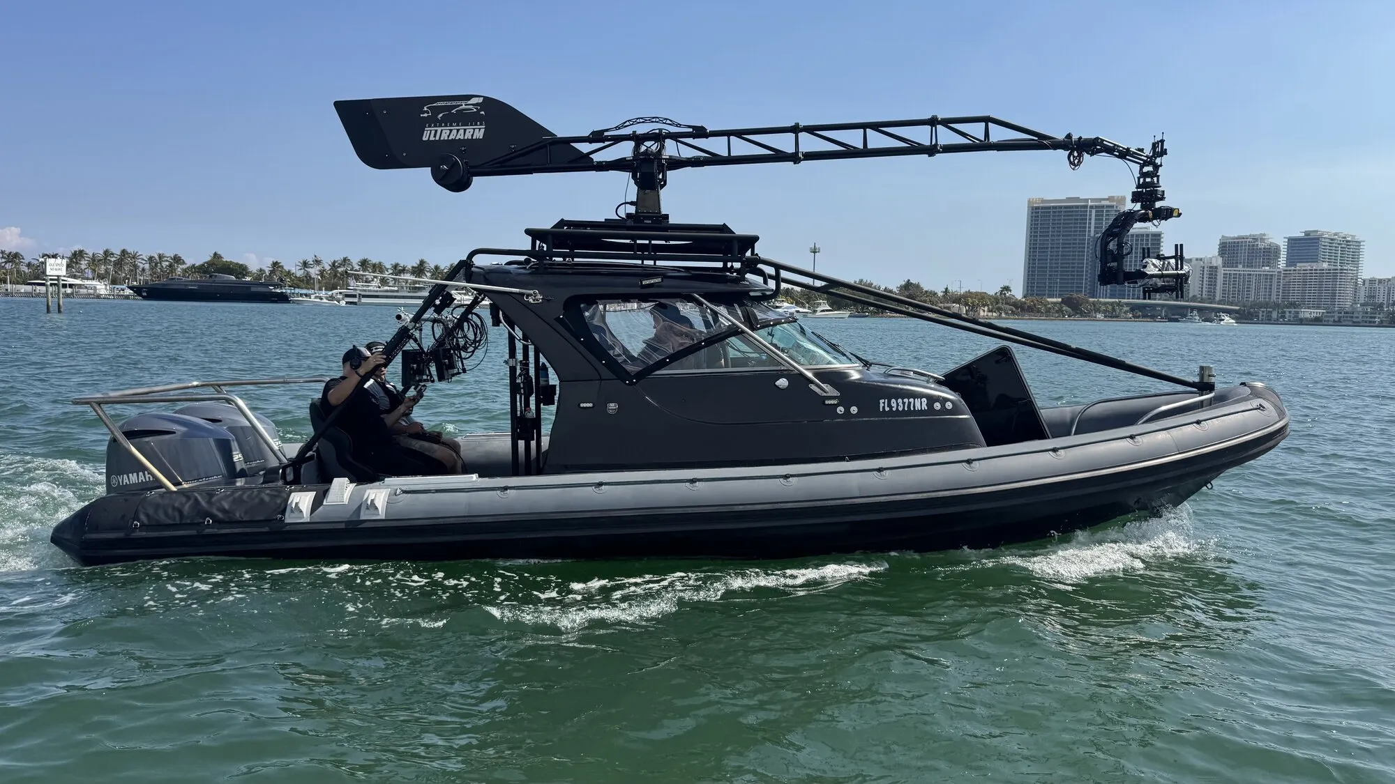 Boat staged for rigging with crane and gimbal builds