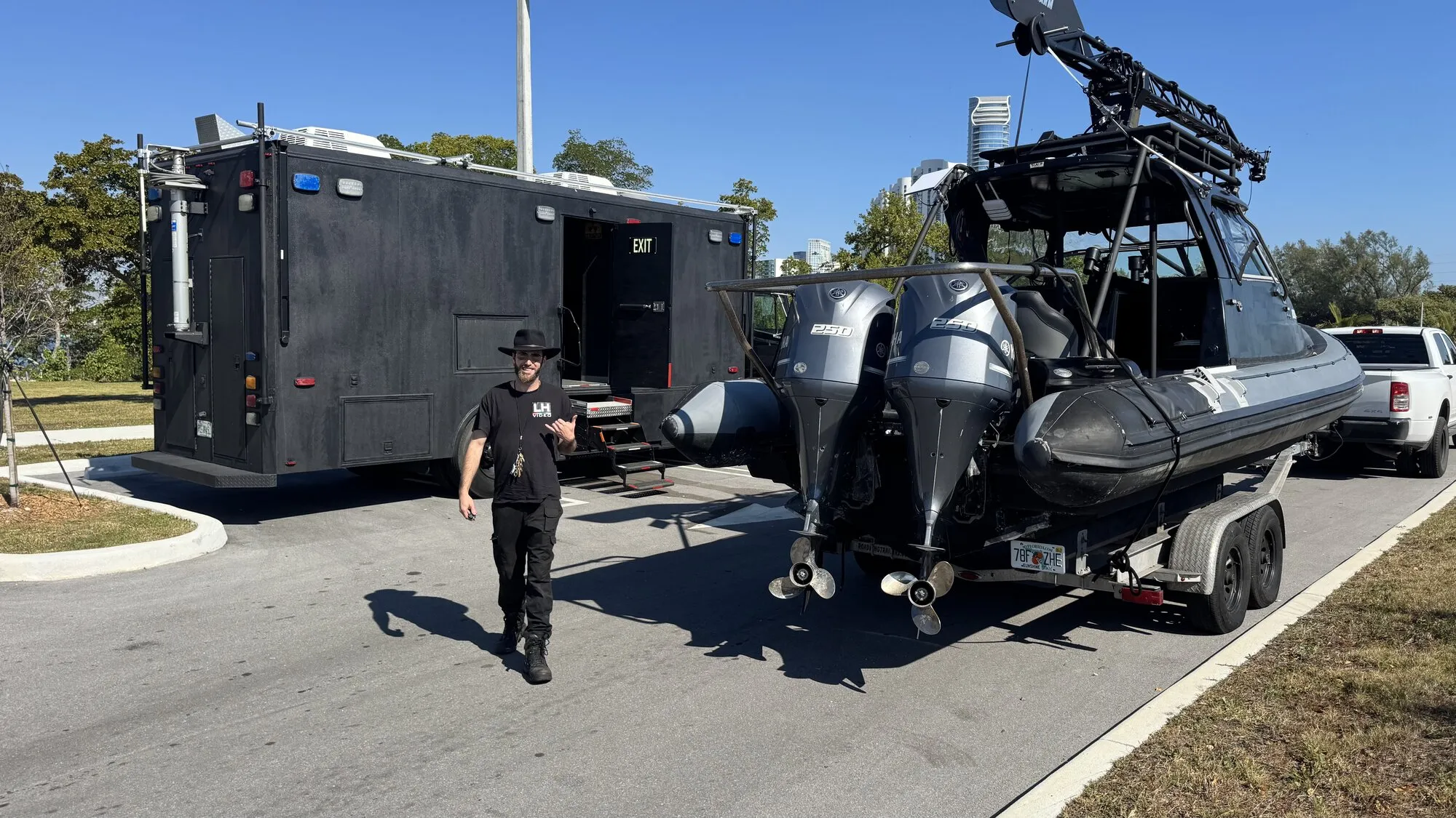 Boat trailered alongside the mobile command unit